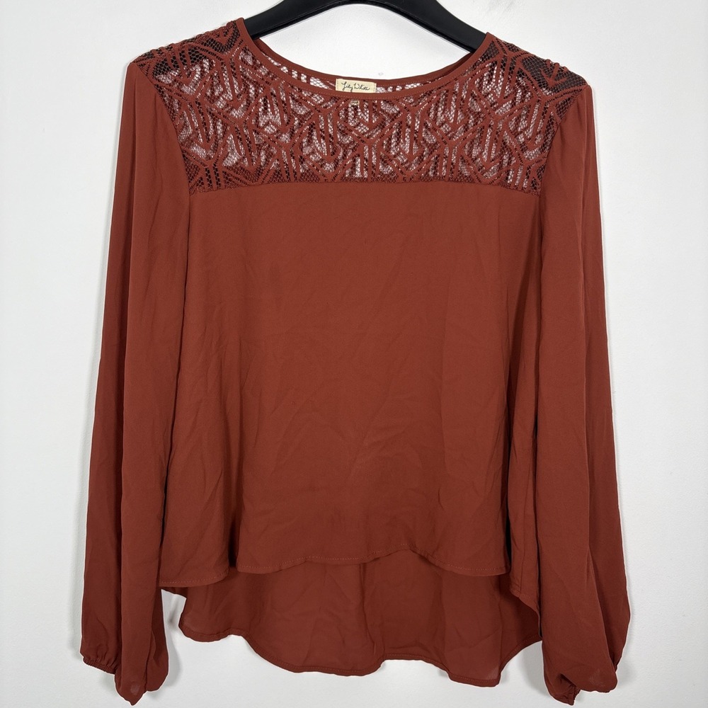 Lily White Lace Yoke Collar Top Blouse Size Large Rust Fall Long Sleeve